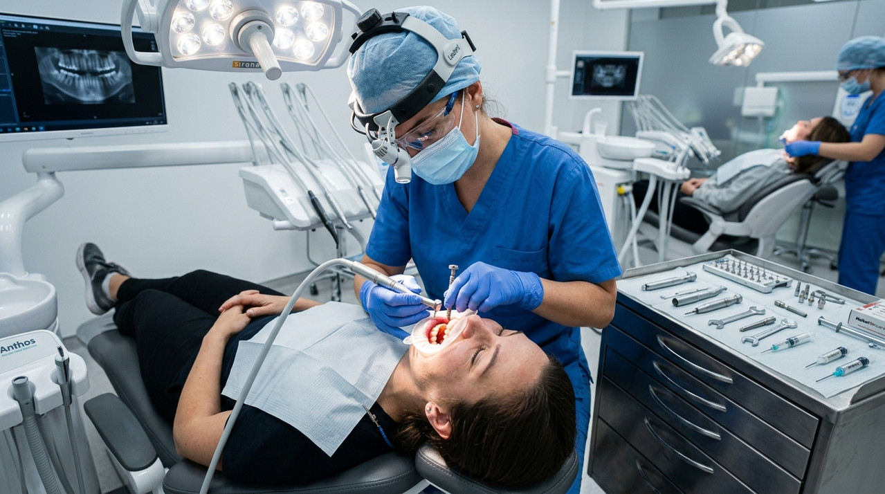 Установка зубных имплантов в операционной клиники стоматолога