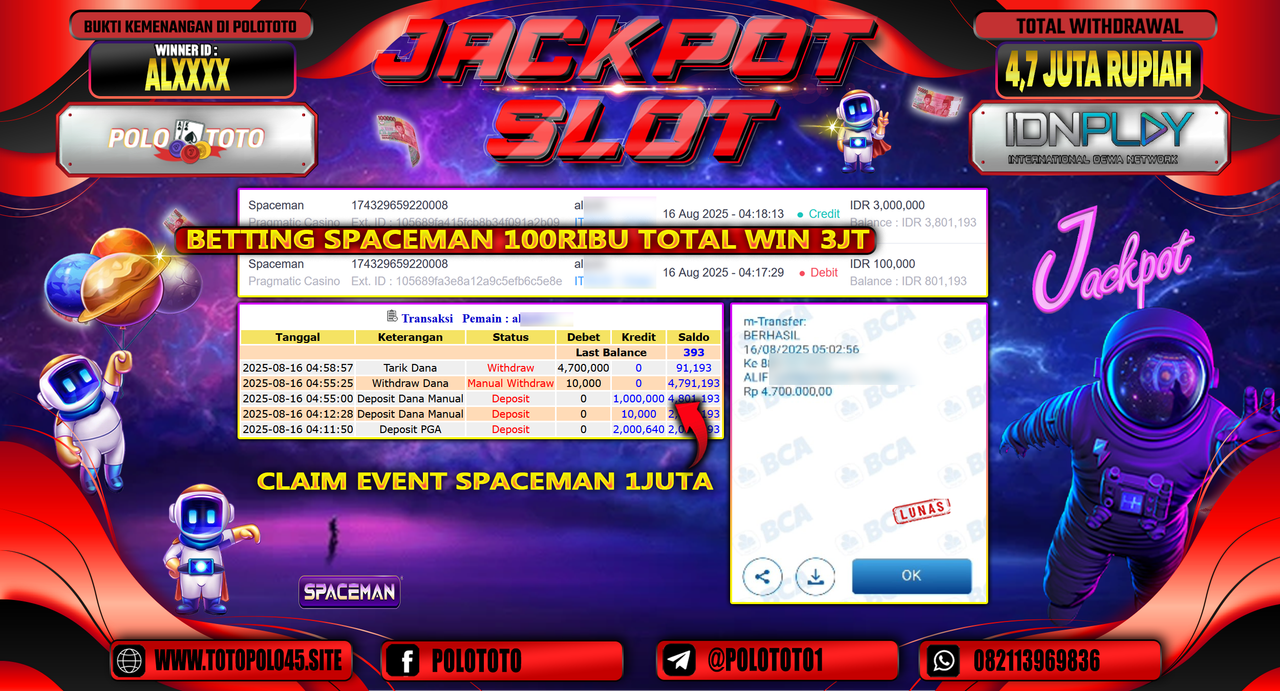 POLOTOTO JACKPOT SLOT SPACEMAN Rp.4.700.000,-