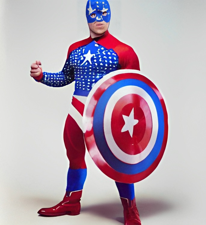 Captain Democracy a male superhero carrying a shield in a loud gaudy red, white and blue costume with stars and stripes