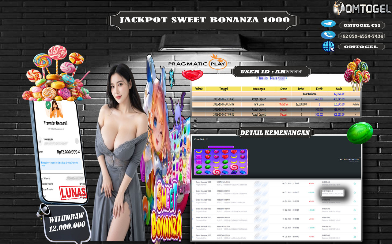 OMTOGEL JACKPOT PRAGMATIC PLAY SWEET BONANZA 1000 12 JUTA DI BAYAR LUNAS ,-