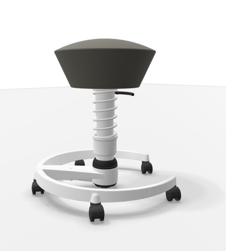 Aktiv-Bürostuhl mit Rollen in einer grauen Farbe und einer weißen Basis.