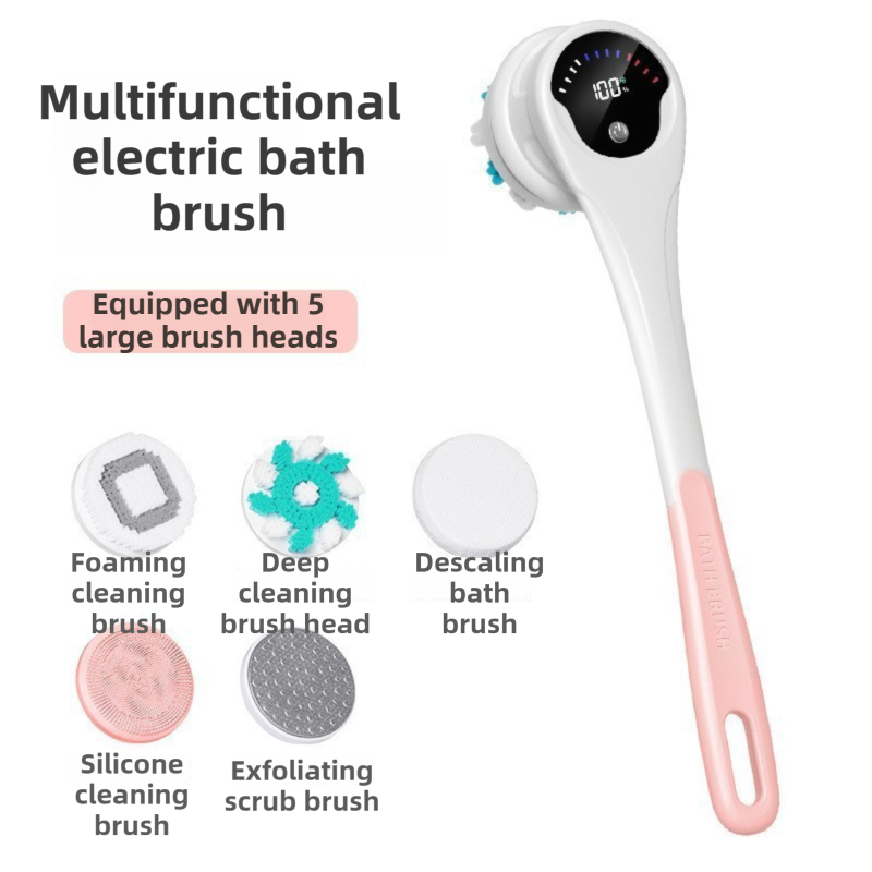 Pink Electric 360°Rotating Shower Brush with Long Handle for Back Scrubbing(43CM) - IPX7 Waterproof & Premium Silicone & PA Bristles