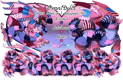 Omni-Dolls. Breed will be 25% Obelisk, 75% Snapper. Colors and Genes will be Storm Stitched Primary, Pink Patchwork Secondary, and Pink Runes Tertiary. Breeds in Arcane, Shadow, Water or Ice. This pairs colors and genes resemble the Omnisexual Pride flag