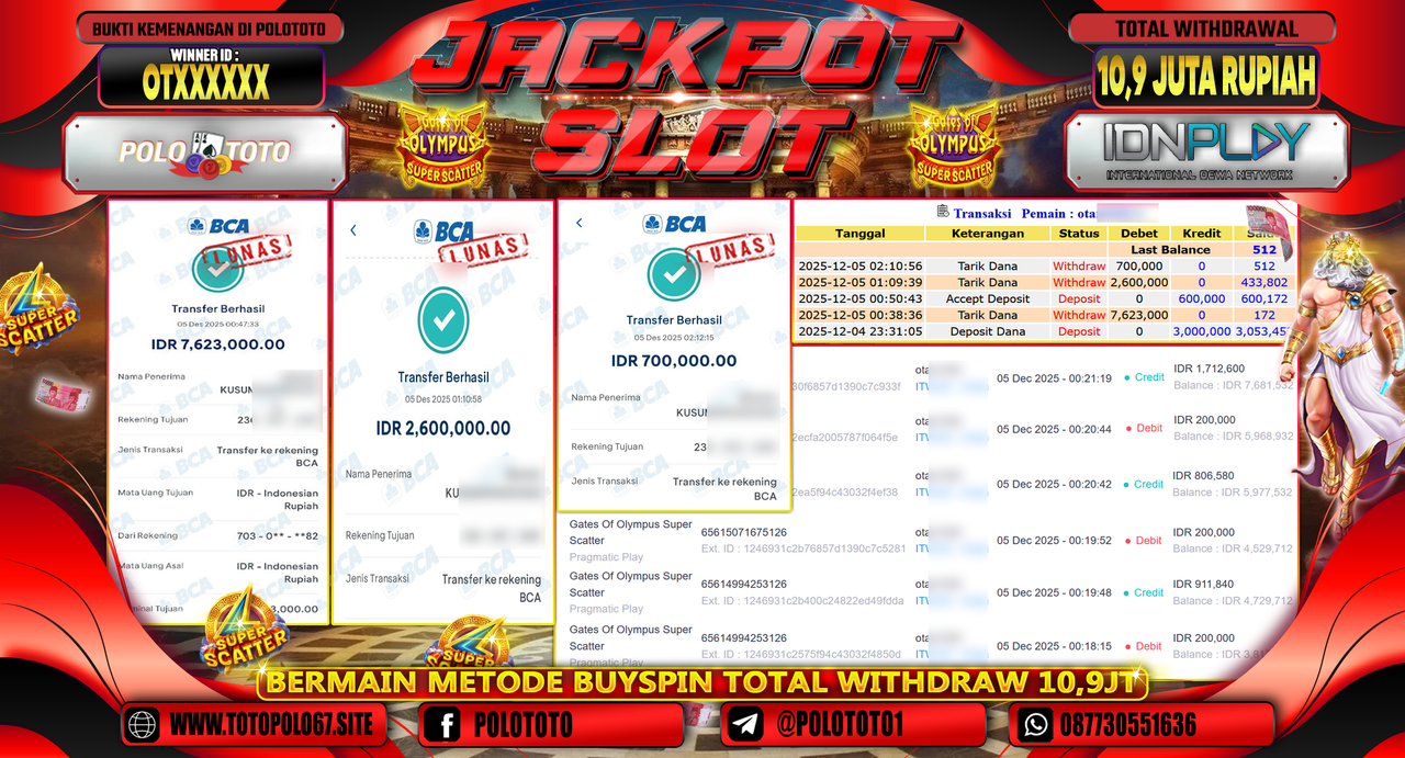 POLOTOTO JACKPOT SLOT GATES OF OLYMPUS SUPER SCATTER Rp.10.900.000,- LUNAS