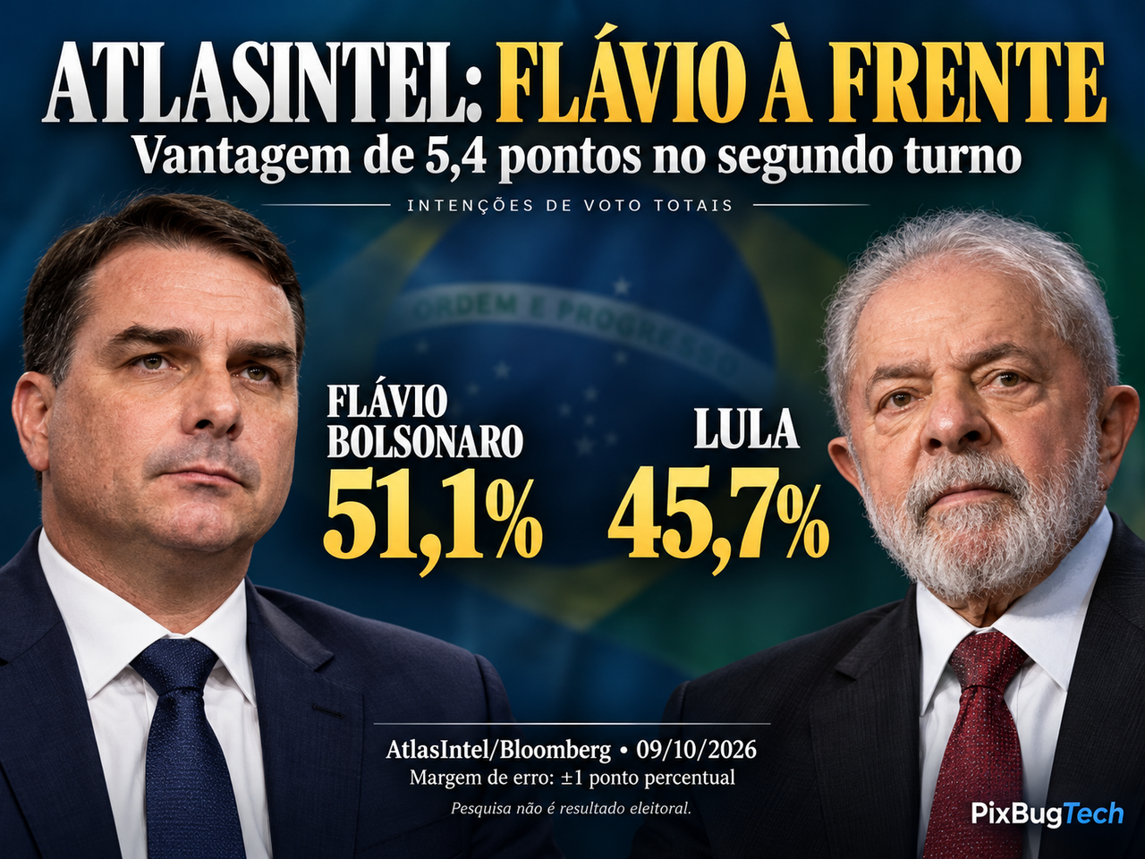 AtlasIntel aponta Flávio Bolsonaro 5,4 pontos à frente de Lula no segundo turno