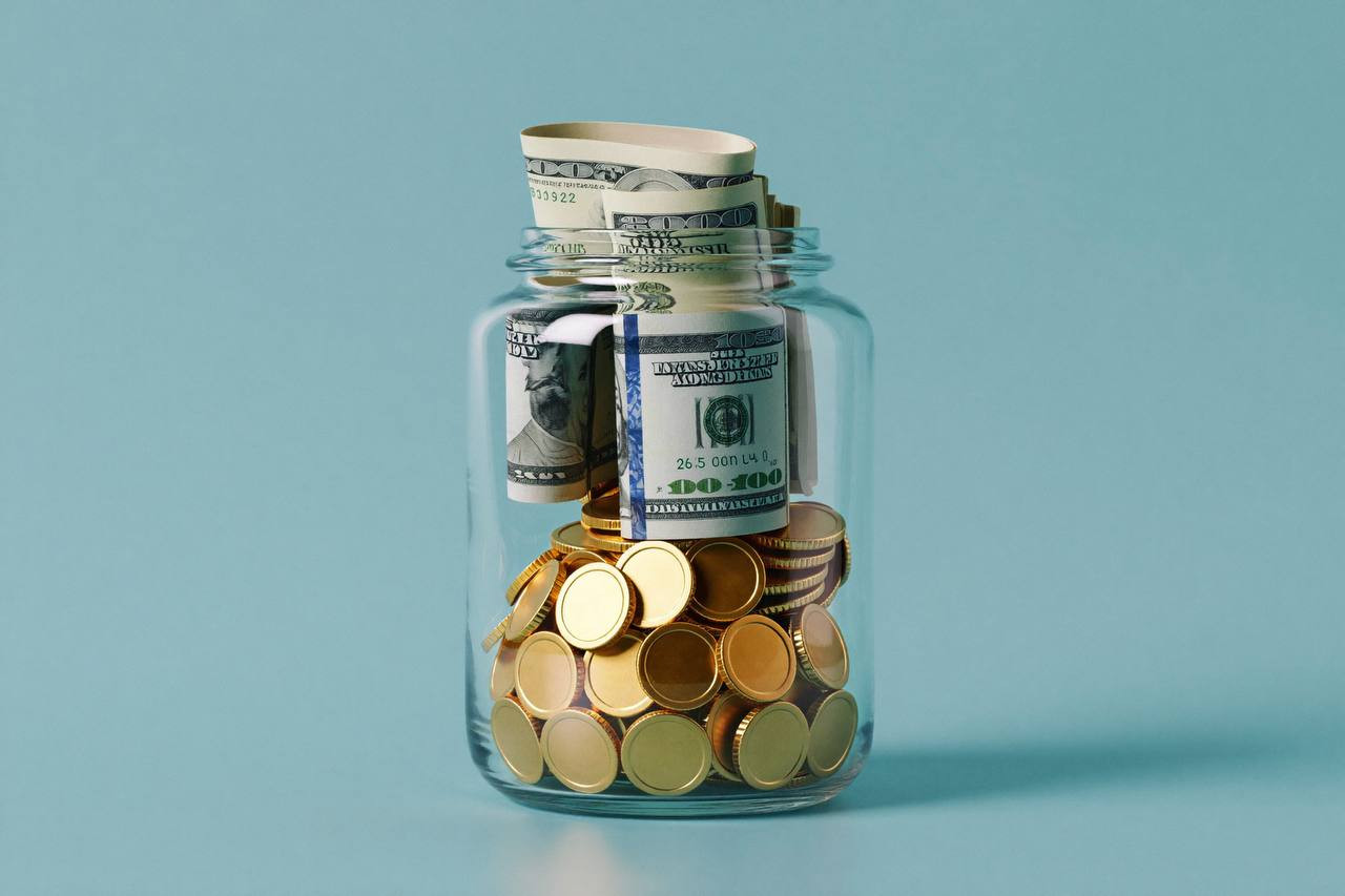 Savings jar filled with dollar bills and gold coins