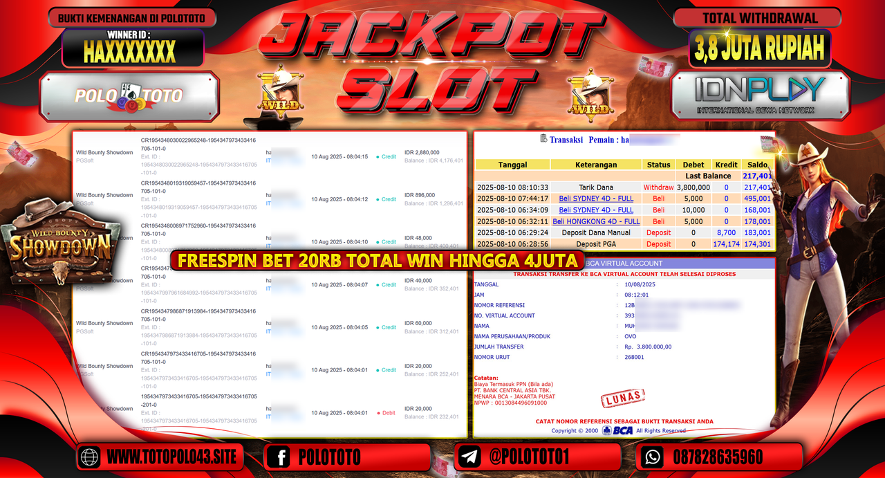 POLOTOTO JACKPOT SLOT WILD BOUNTHY SHOWDOWN Rp.3.800.000,-LUNAS