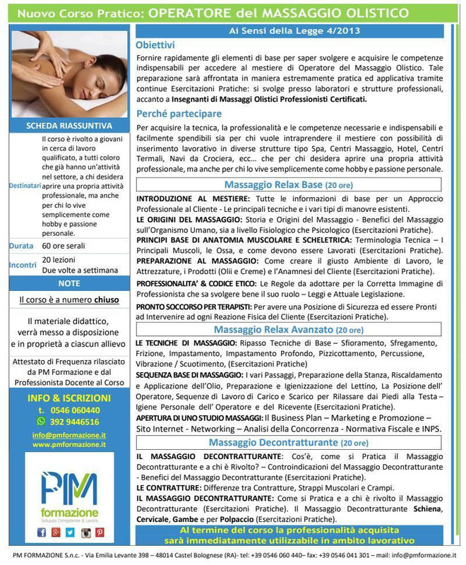 PM Formazione di Castel Bolognese organizza a Imola un Corso Pratico di Operatore del Massaggio Olistico PM Formazione di Castel Bolognese organizza a Imola un Corso Pratico di Operatore del Massaggio Olistico