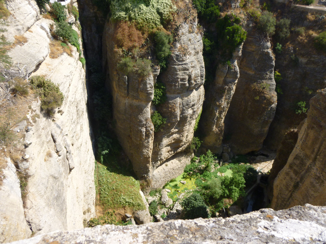 Photo down the gorge which separates the old and new towns of Ronda.  It is a brown-grey stone, with moss growing at intervals.  There are trees growing at the bottom of the gorge.  From this high up, they look like shrubs.