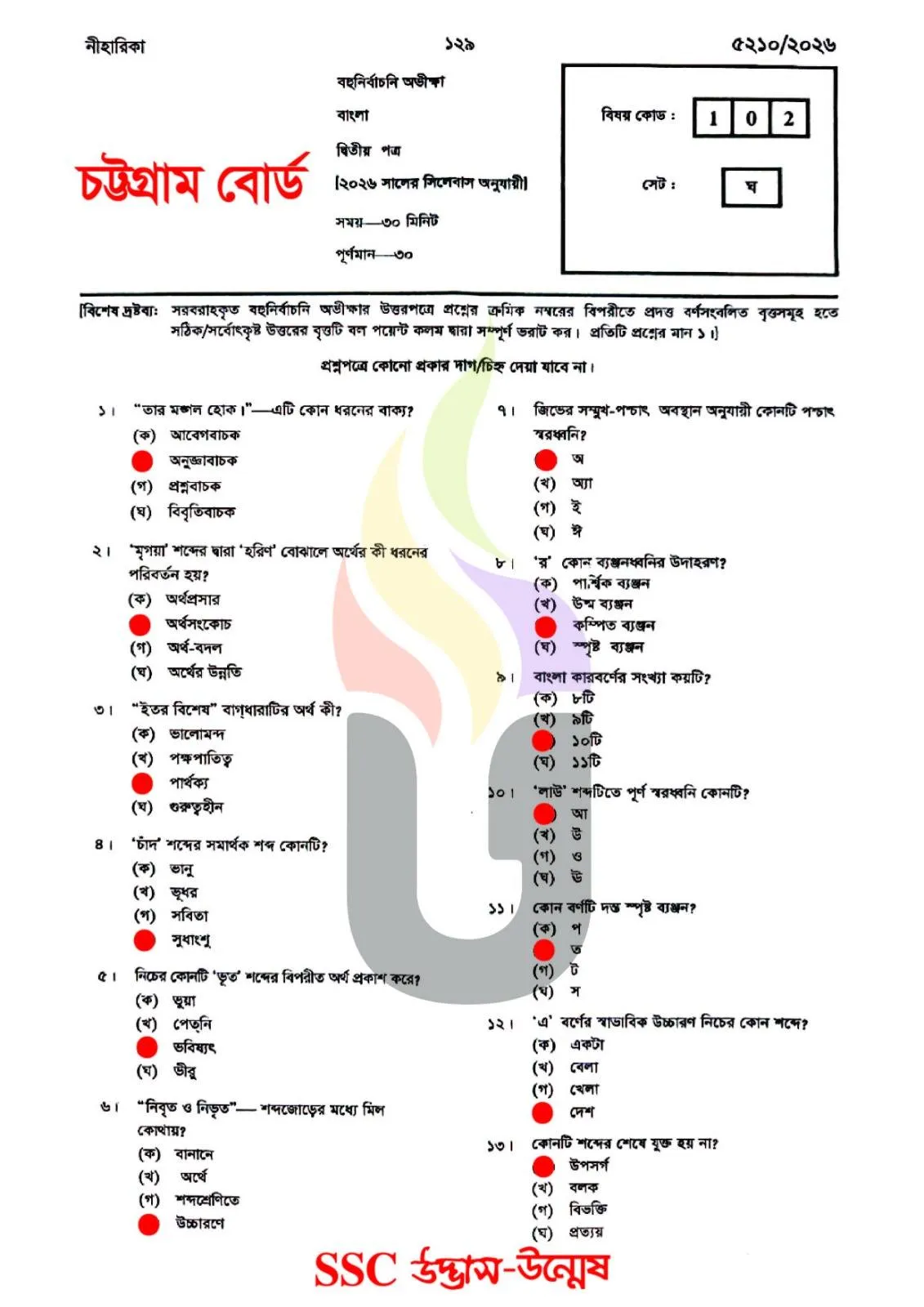 Bangla 2nd Paper MCQ Question With Answers 2026 Chittagong Board