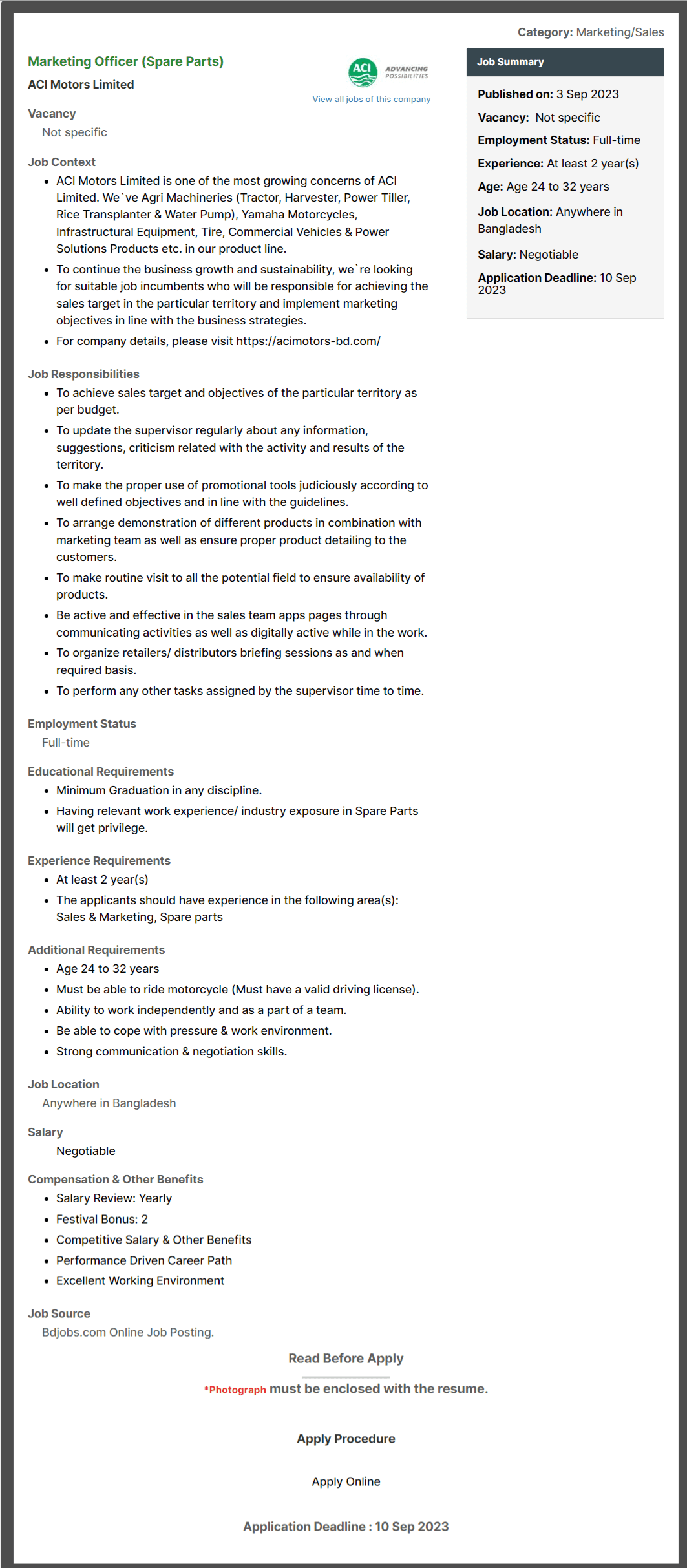 ACI Motors Limited Job Circular 2026