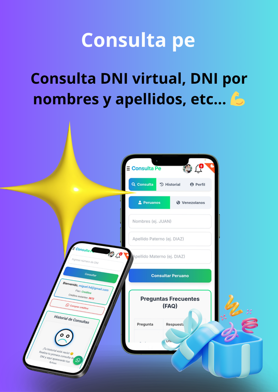 Consulta PE APK - Menú de funcionalidades DNI RUC vehículos
