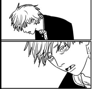 two panels from chainsaw man where denji hangs his head with a sullen, slack-jawed expression