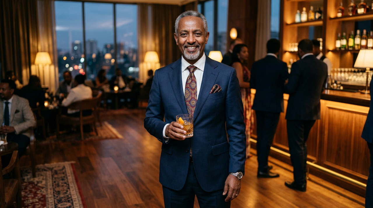 Ethiopian entrepreneur Yonas Haile in smart casual luxury attire