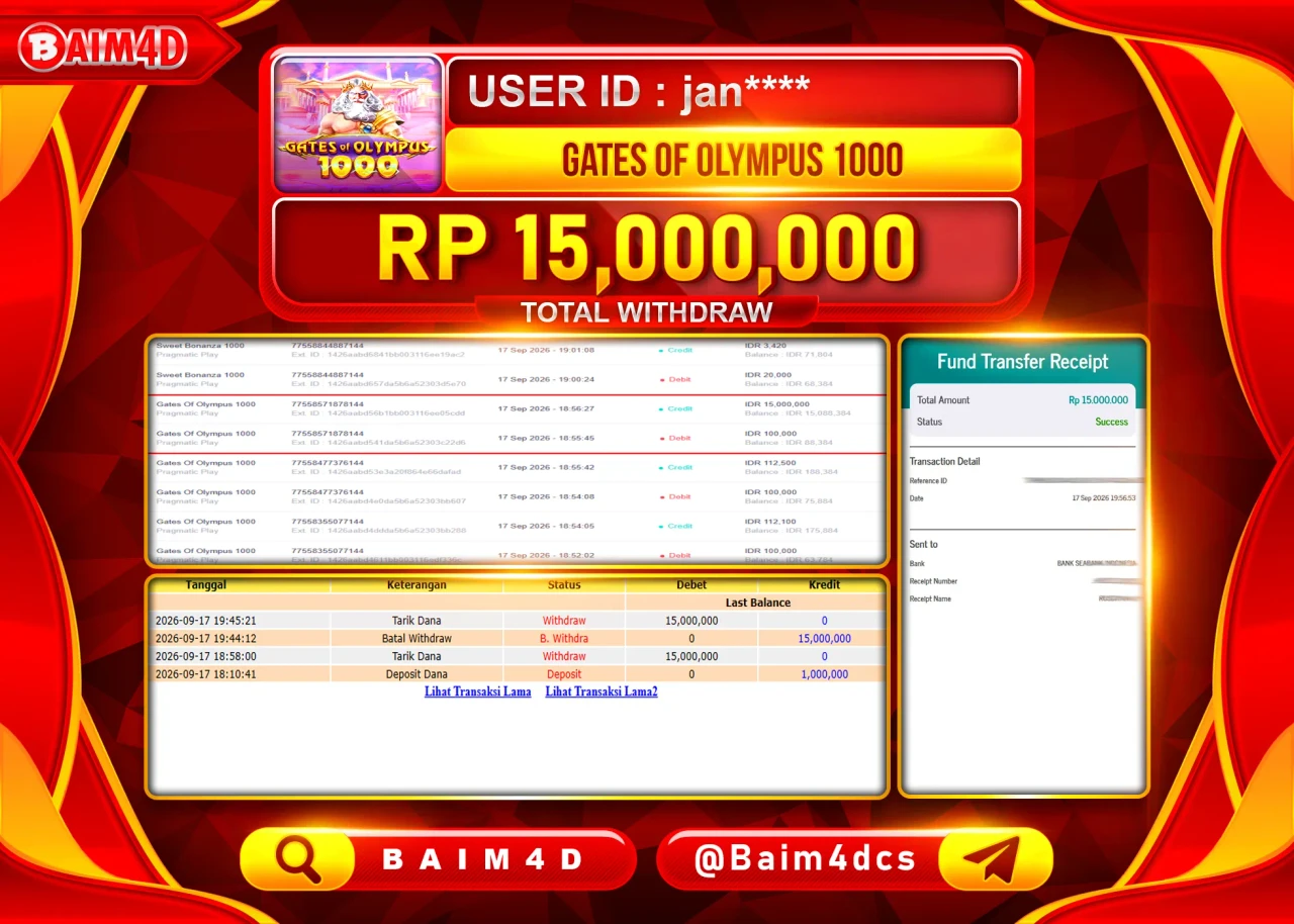 BAIM4D JACKPOT SLOT GATES OF OLYMPUS 1000 Rp.15,000,000 - LUNAS