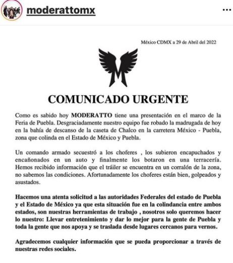 Moderatto podría cancelar show en Puebla; un grupo armado les robó todo su equipo