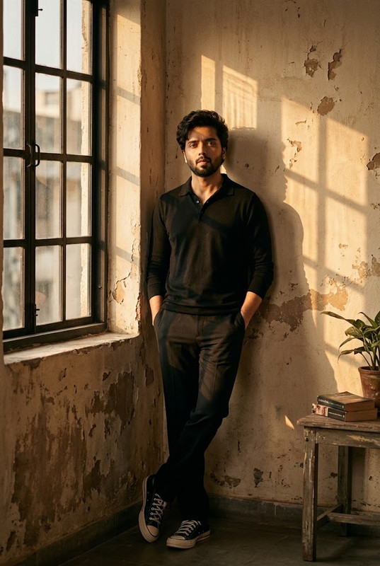 AI-generated example result for the creative-images prompt: Rustic Interior Golden Hour Portrait by Prompt Craft