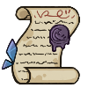 A scroll with a purple wax stamp on it and two blue crystals, for completing the Wordle puzzle.