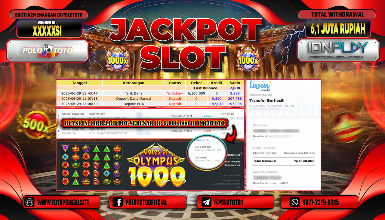 POLOTOTO JACKPOT SLOT GATES OF OLYMPUS 1000 Rp.6.100.000,- LUNAS