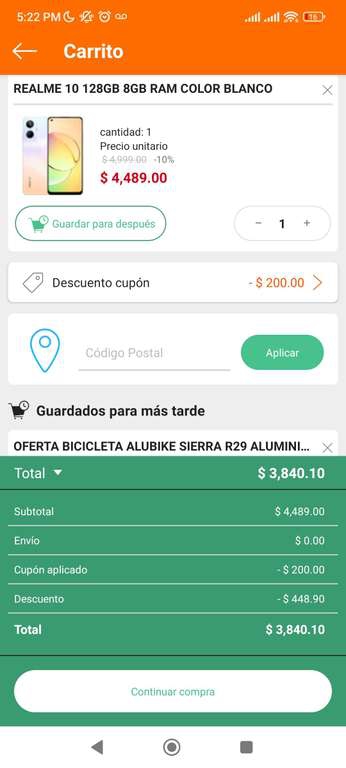 Linio: Celular Realme 10 8gb y 128gb blanco (Pagando con paypal)