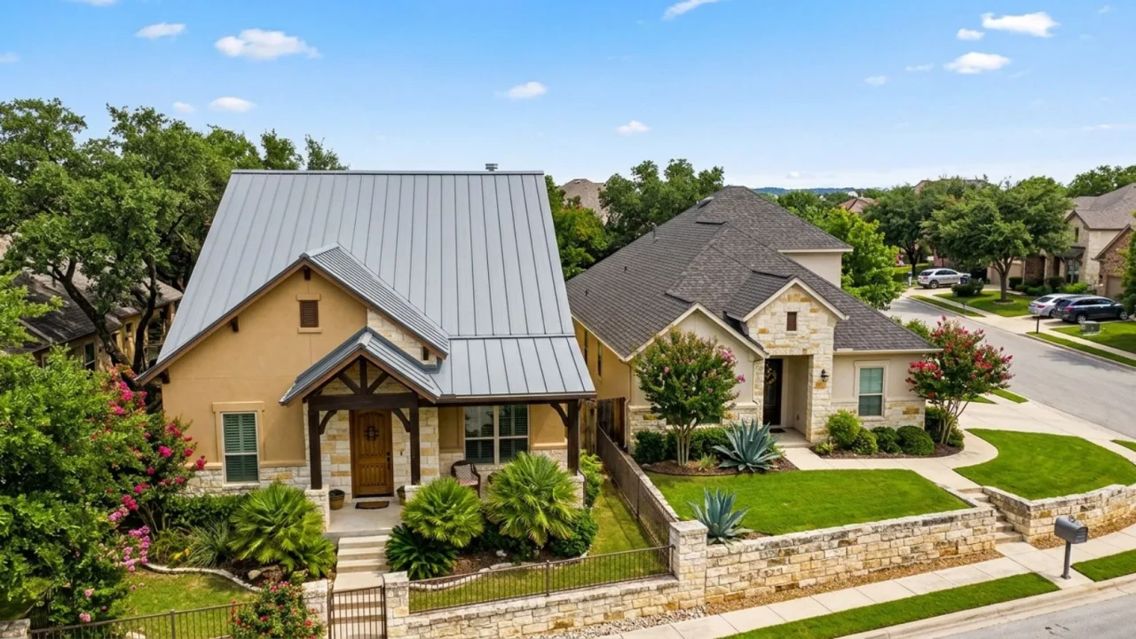 Side by side metal roof and asphalt shingle roof on San Antonio homes
