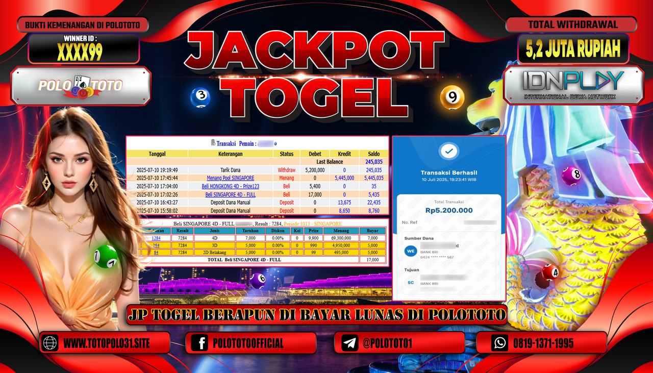 POLOTOTO JACKPOT TOGEL POOL SINGAPORE Rp.5.200.000,- LUNAS