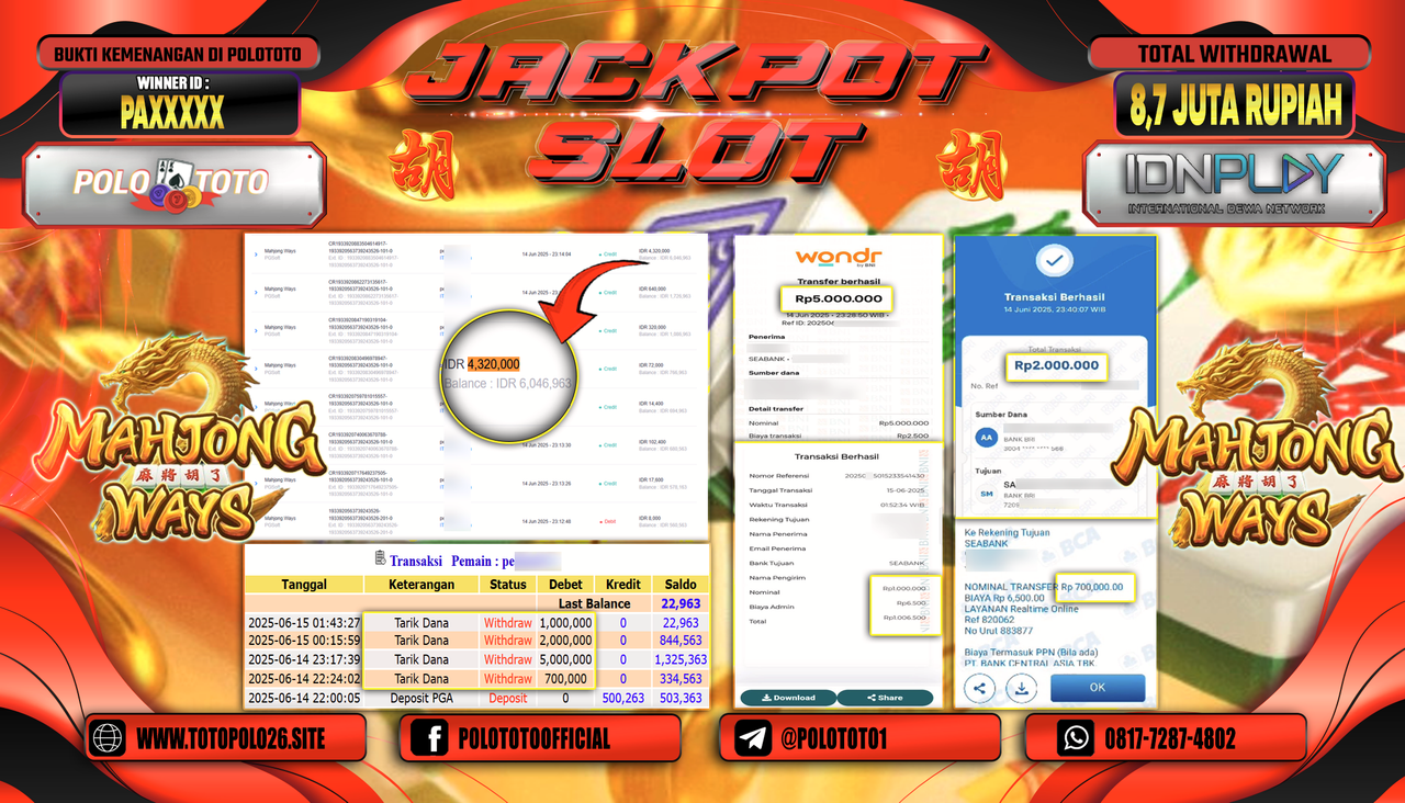 POLOTOTO JACKPOT SLOT MAHJONG WAYS Rp.8.700.000,-