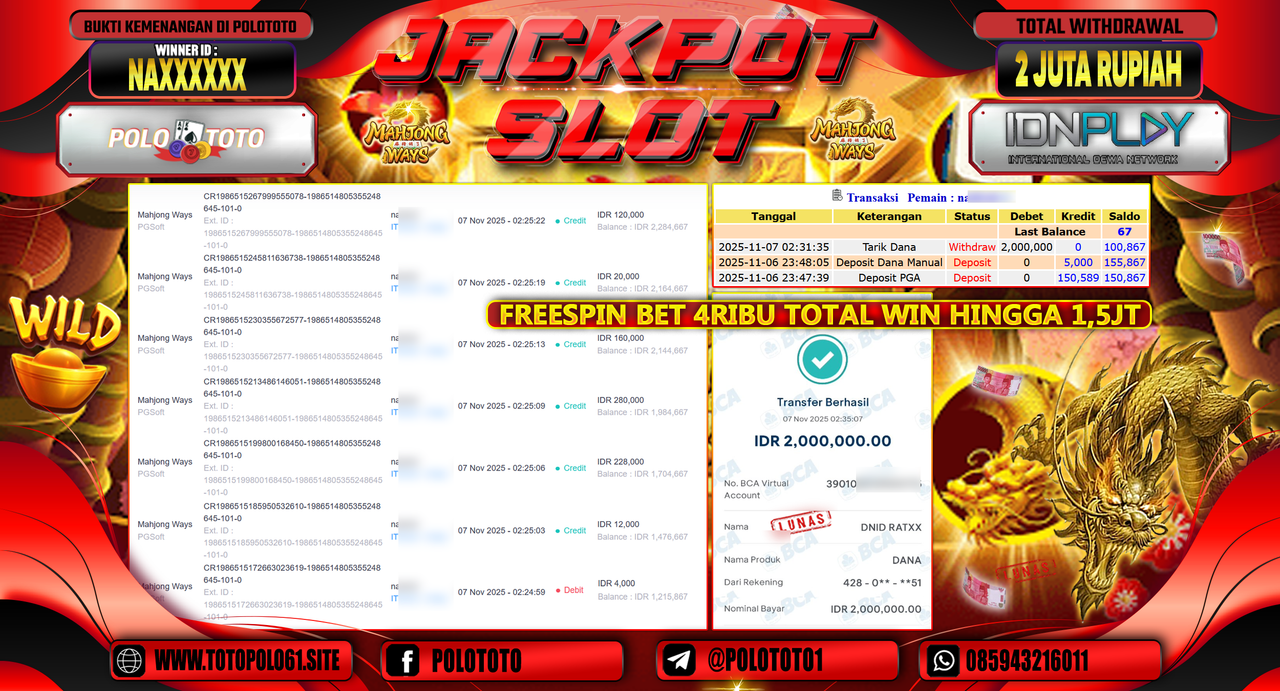 POLOTOTO JACKPOT SLOT MAHJONG WAYS Rp.2.000.000,- LUNAS