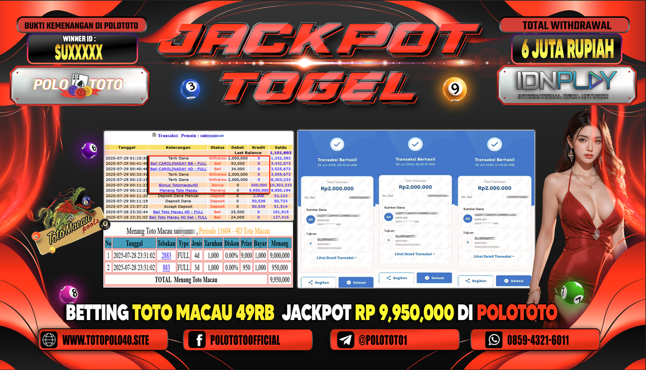 POLOTOTO JACKPOT TOGEL TOTO MACAU Rp.6.000.000,- LUNAS