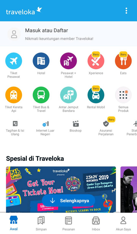 Tampilan menu awal aplikasi Traveloka.