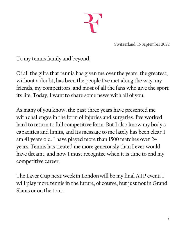 lettera ritiro tennis federer twitter pagina 1