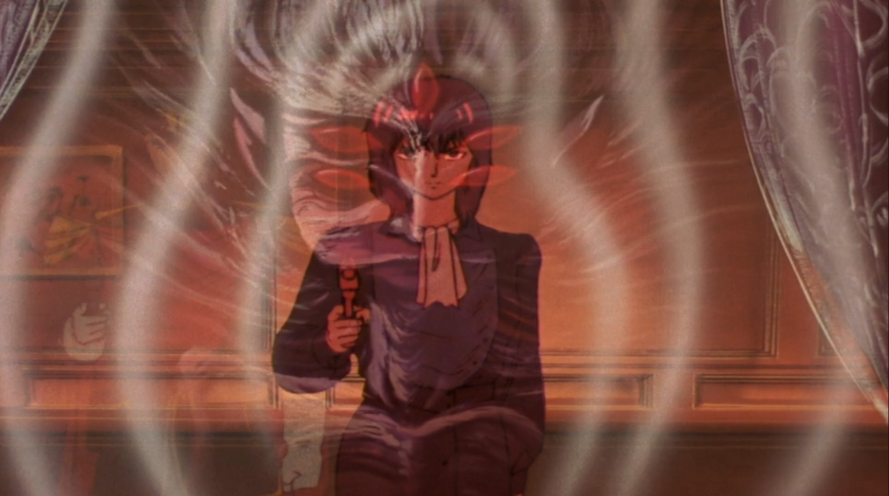 Haman points a gun at the viewer (and Judau Ashta) while psychically projecting a demonic creature, overlaid over her image