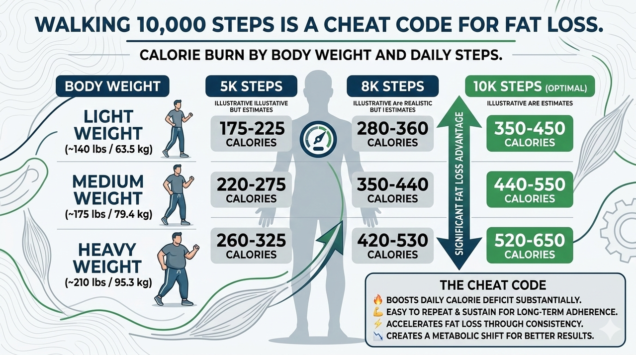 Infographic showing NEAT as a component of daily energy expenditure for why walking 10k steps is a cheat code for fat loss