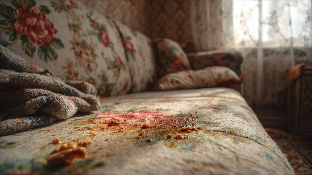 Загрязнения на обивке дивана в типичной российской квартире