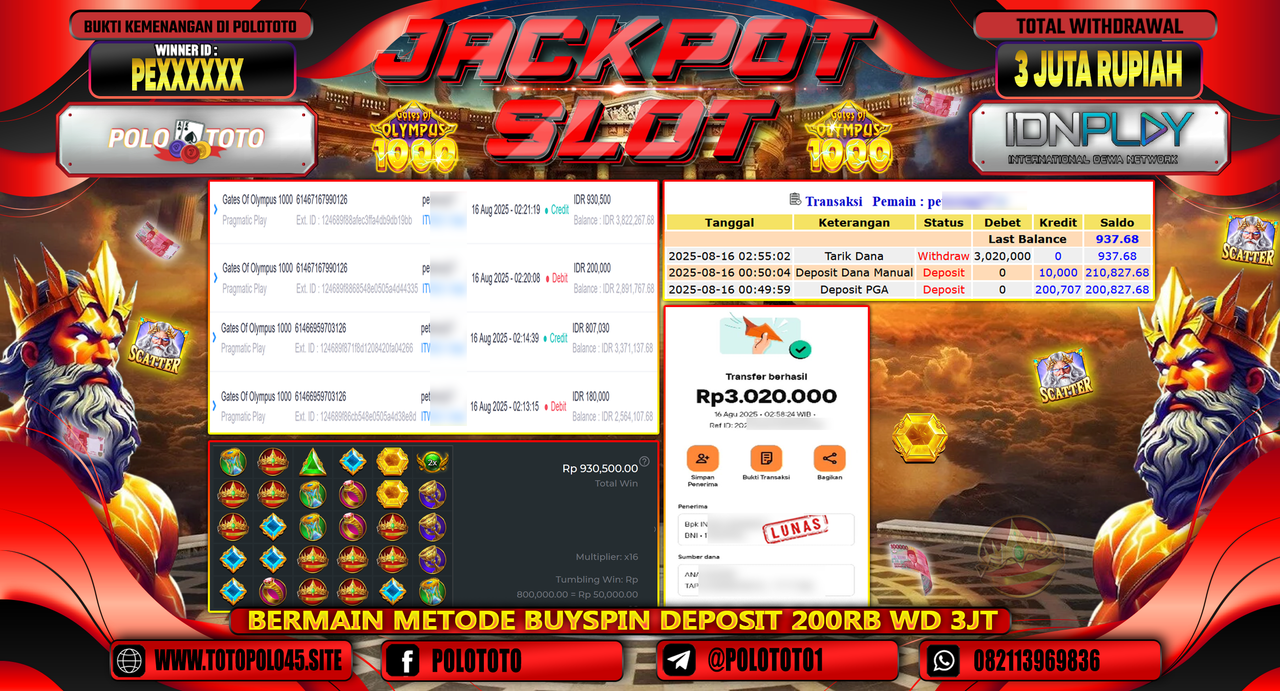 POLOTOTO JACKPOT SLOT GATES OF OLYMPUS 1000 Rp.3.020.000,-