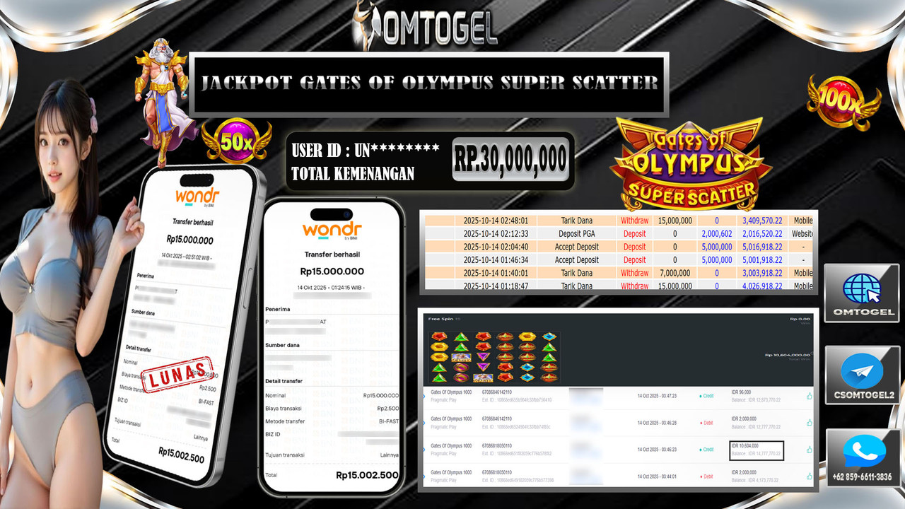 OMTOGEL JACKPOT PRAGMATIC PLAY GATES OF OLYMPUS 1000 30 JUTA DI BAYAR LUNAS ,-