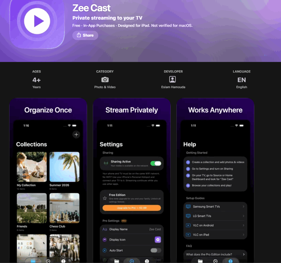 Các tính năng phát ảnh và video qua TV của Zee Cast Pro