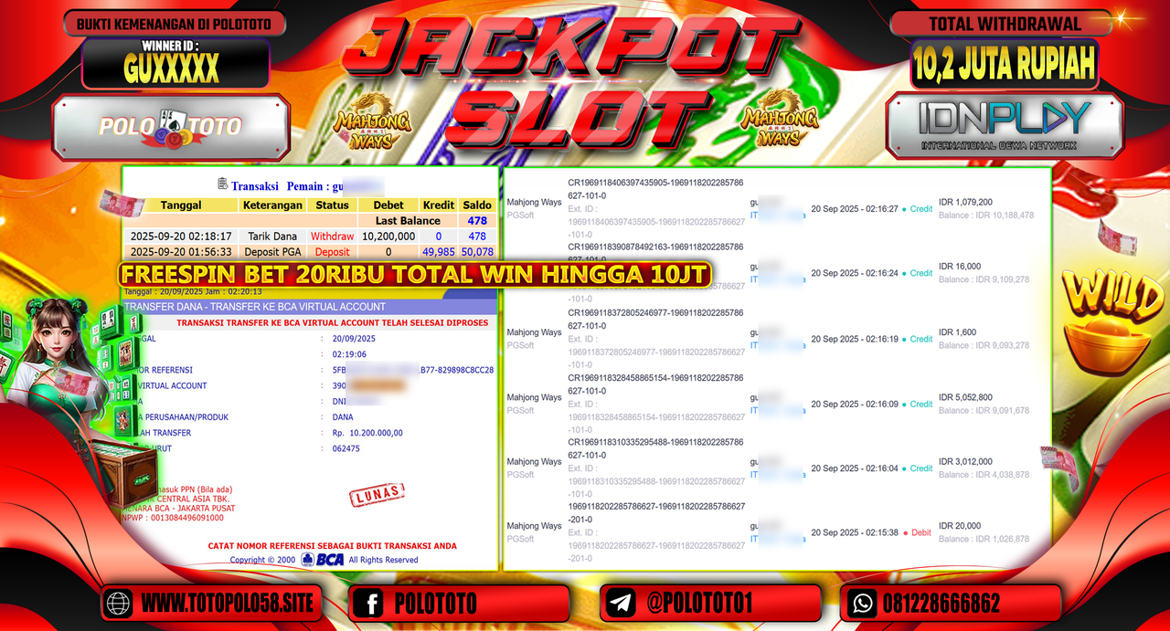 POLOTOTO JACKPOT SLOT MAHJONG WAYS Rp.10.200.000,-