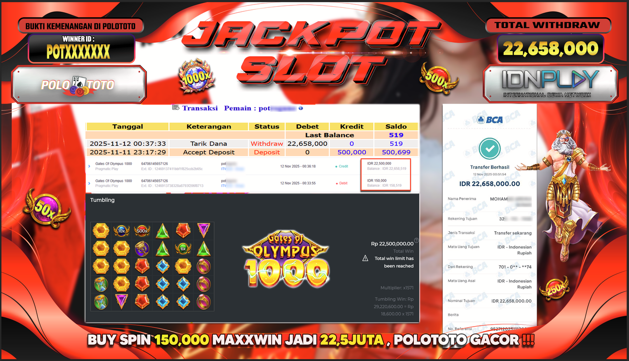 POLOTOTO JACKPOT SLOT GATES OF OLYMPUS 1000 Rp.22.658.000,- LUNAS