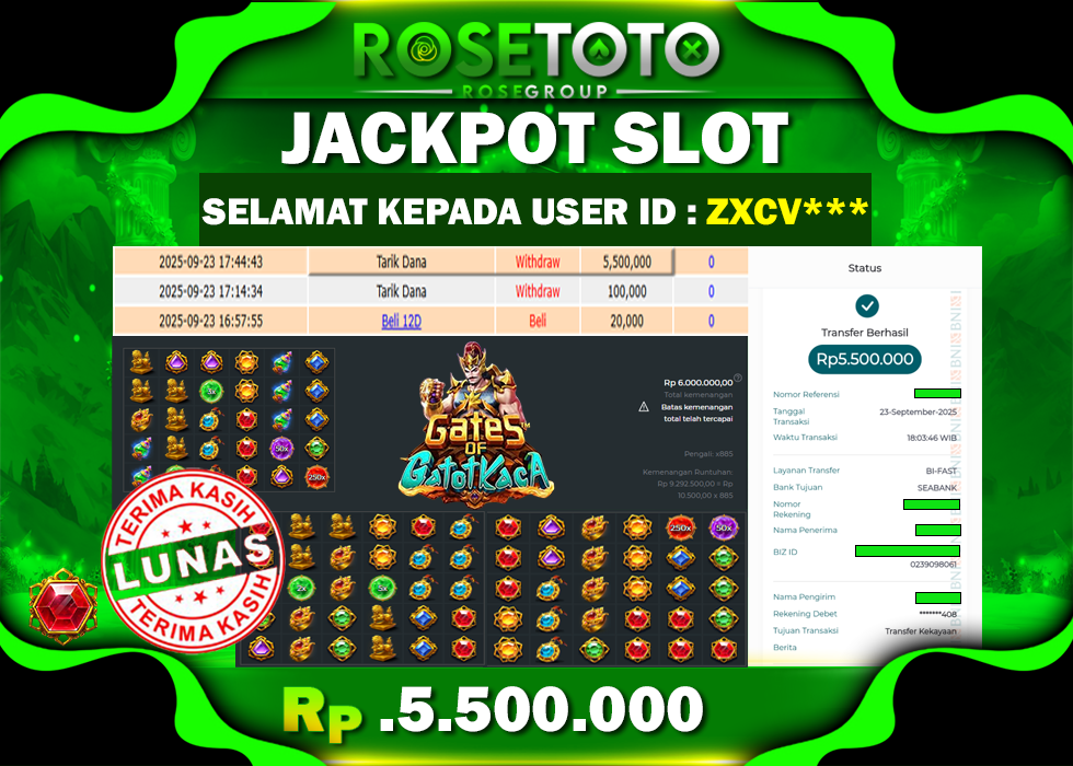 ROSETOTO JACKPOT SLOT GATES OF GATOT KACA Rp.5.500.000.,- LUNAS