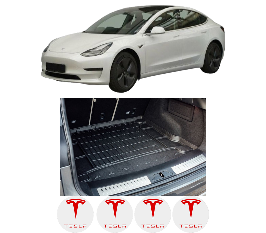 Tavita Portbagaj TESLA MODEL 3 (5YJ3) din 2017-2022, Protectie Portbagaj Auto, 4x Stickere auto cu TESLA