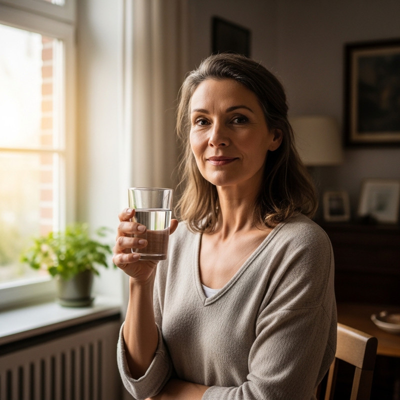 Donna adulta che beve un bicchiere d'acqua in casa