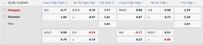 Tỷ lệ kèo Hungary vs Slovenia