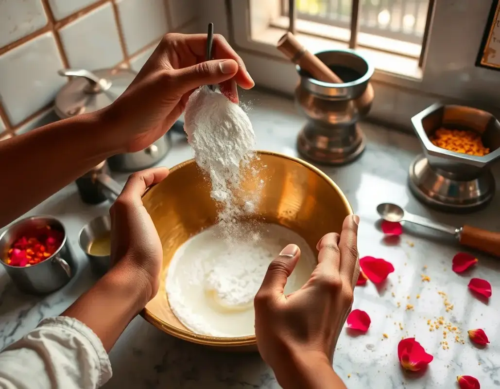 Making Natural Sunscreen at Home Step-by-step mixing of zinc oxide and aloe vera gel for chemical-free sunscreen