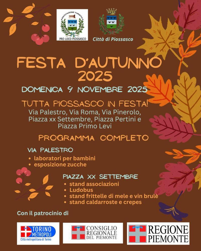 Sapori, divertimento e sport nella festa d’autunno Domenica 9 novembre 2025 a Piossasco (To) Sapori, divertimento e sport nella festa d’autunno Domenica 9 novembre 2025 a Piossasco (To)