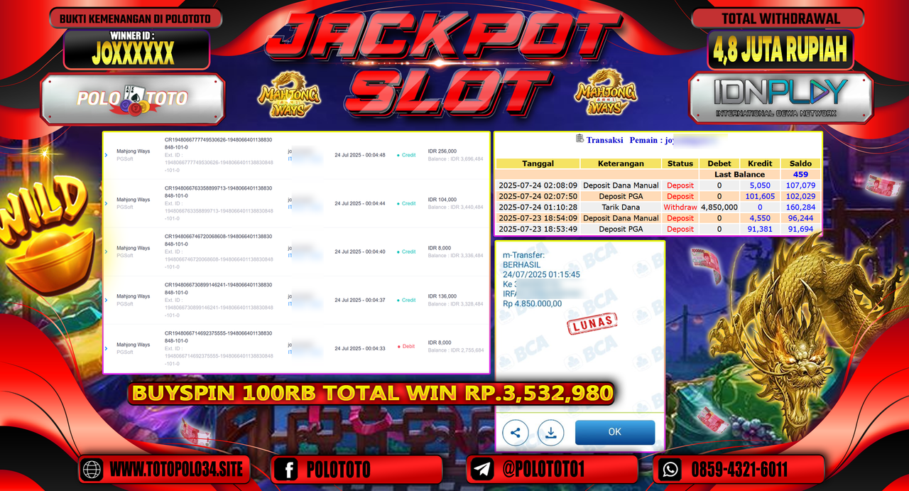 POLOTOTO JACKPOT SLOT MAHJONG WAYS Rp.4.850.000,-