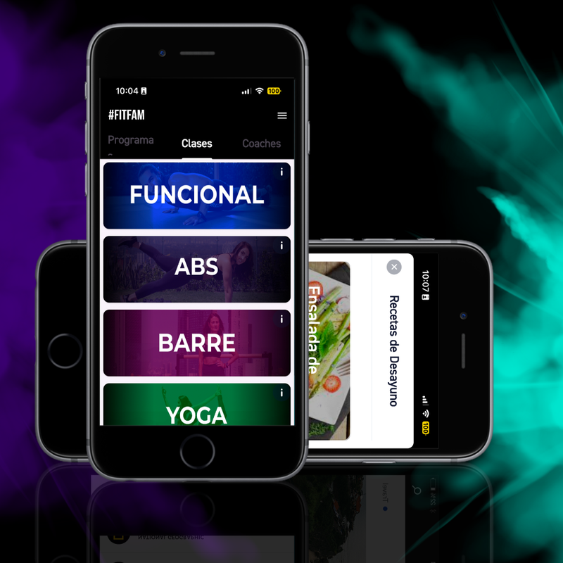 Smartphone screens displaying a fitness app interface with class options: Functional, Abs, Barre, Yoga.