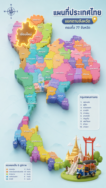 Thailand 3D Map Infographic Prompt (Highlight Chiang Mai, Thai Labels Only)