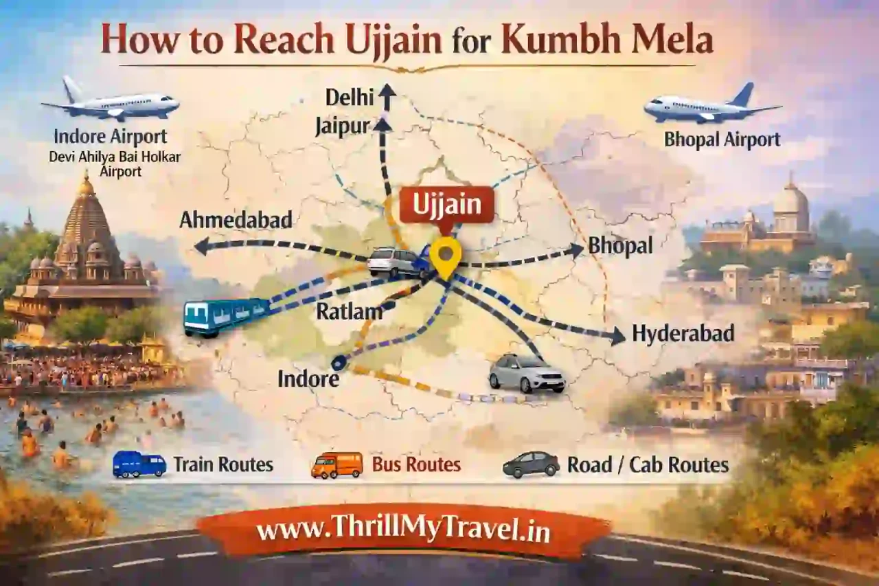Pilgrims learning how to reach Ujjain Kumbh Mela with travel options explained by ThrillMyTravel