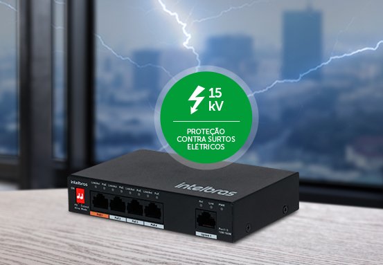 Ilustração do sistema seguro e protegido do Switch SF 500 Hi-PoE, destacando a proteção contra surtos.